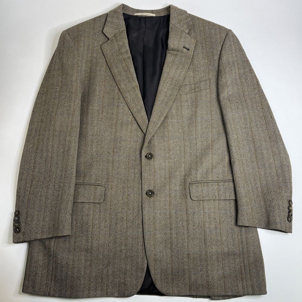 Burberry Kensington Blazer 44L 100% Wool Herringbone Beige Brown